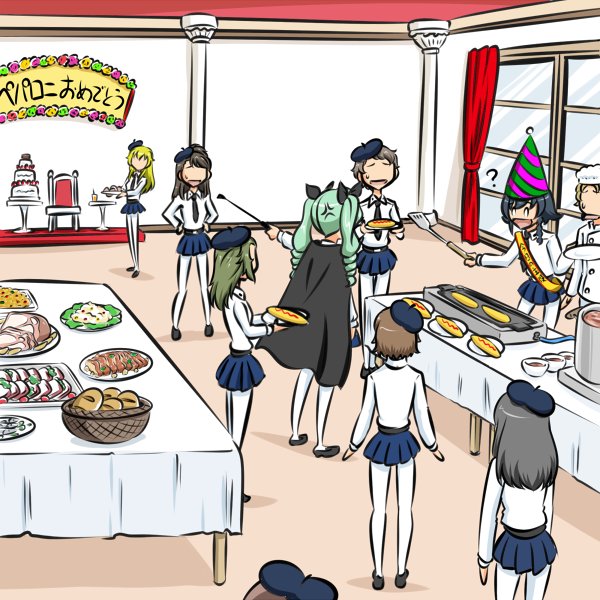 0_0 6+girls :d ? amaretto_(girls_und_panzer) anchovy_(girls_und_panzer) anger_vein anzio_school_uniform bangs basket belt beret birthday birthday_cake black_belt black_cape black_hair black_headwear black_neckwear black_ribbon black_skirt blonde_hair braid buffet cake cape carpaccio_(girls_und_panzer) character_name chef_hat cooking dress_shirt drill_hair food gelato_(girls_und_panzer) girls_und_panzer green_hair hair_ribbon half_updo hands_on_hips hat holding holding_plate holding_spatula indoors kogane_(staygold) loafers long_hair long_sleeves looking_at_another miniskirt multiple_girls necktie open_mouth panettone_(girls_und_panzer) pantyhose party_hat pepperoni_(girls_und_panzer) plate pleated_skirt pointing ribbon ricotta_(girls_und_panzer) riding_crop robiola_(girls_und_panzer) sash school_uniform seat shirt shoes short_hair side_braid skirt smile spatula sweatdrop table tilted_headwear translated twin_drills twintails white_headwear white_legwear white_shirt window wing_collar