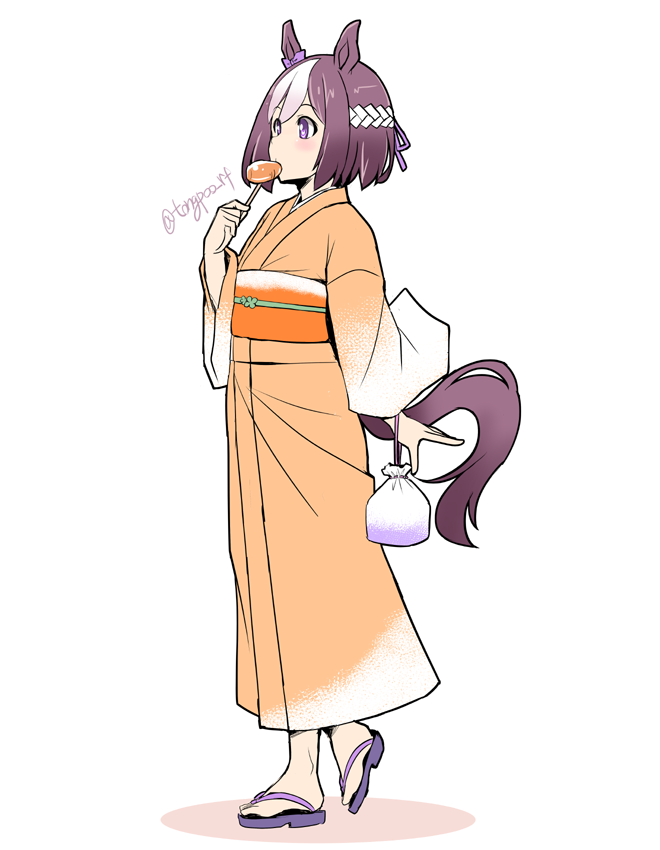 1girl animal_ears bangs brown_hair candy commentary_request eating food from_side full_body hachimaki headband heel_up holding holding_candy holding_food holding_lollipop horse_ears horse_tail japanese_clothes kimono kinchaku lollipop long_sleeves multicolored_hair obi orange_kimono pouch purple_eyes sandals sash short_hair solo special_week standing tail tonpuu twitter_username two-tone_hair umamusume white_hair white_headband wide_sleeves yukata