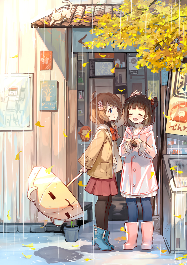 2girls :3 :d =_= ^_^ ahoge ankle_boots bangs black_hair black_legwear blue_eyes blue_footwear blue_pants blush boots brown_hair brown_jacket building closed_eyes commentary_request cupping_hands day eyebrows_visible_through_hair eyes_closed falling_leaves flower ginkgo_leaf hair_bobbles hair_flower hair_ornament hand_up high_heels holding holding_umbrella hood hooded_jacket idolmaster idolmaster_million_live! jacket kinoshita_neko leaf long_sleeves looking_at_another miniskirt multiple_girls nakatani_iku one_side_up open_clothes open_jacket open_mouth outdoors pants pantyhose petting pink_flower pink_footwear pink_jacket plant pleated_skirt potted_plant profile rain red_skirt short_hair skirt smile suou_momoko sweater tareme tree_branch umbrella water