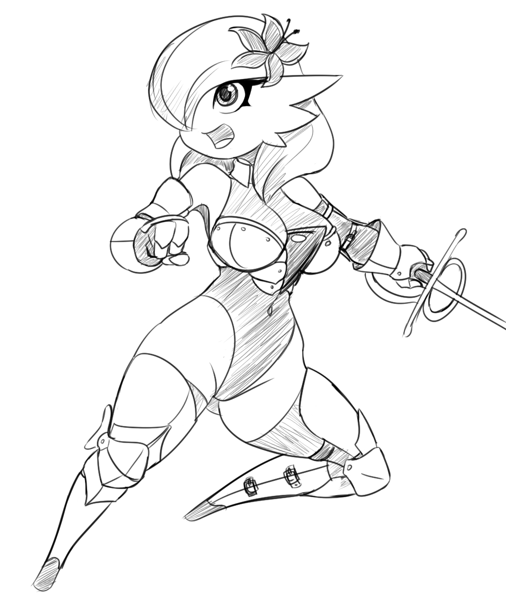 accessory anthro armor bikini_armor clothing female flower flower_in_hair gardevoir gauntlets gloves hair hair_accessory handwear hi_res jmf leggins melee_weapon monochrome nintendo plant pok&eacute;mon pok&eacute;mon_(species) rapier sketch solo sword video_games weapon