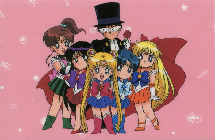 1990s_(style) 1boy 5girls aino_minako arms_behind_back bishoujo_senshi_sailor_moon black_hair blonde_hair blue_footwear blue_hair blue_skirt boots bow brown_hair cape chiba_mamoru chibi crossed_arms double_bun elbow_gloves eyebrows_visible_through_hair flower gloves green_footwear green_skirt hair_bobbles hair_ornament hat heel_raised height_difference high_ponytail hino_rei holding_hose inner_senshi kino_makoto knee_boots long_hair looking_at_viewer mizuno_ami multiple_girls official_art open_mouth orange_footwear orange_skirt pink_background pink_footwear pleated_skirt red_flower red_footwear red_rose red_skirt retro_artstyle rose sailor_jupiter sailor_mars sailor_mercury sailor_moon sailor_senshi sailor_venus short_hair skirt smile standing strappy_heels tiara top_hat tsukino_usagi tuxedo tuxedo_kamen twintails very_long_hair