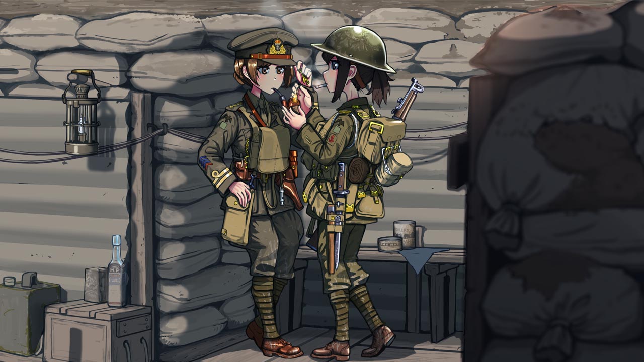 2girls bayonet black_hair brown_eyes brown_hair cigarette commentary commission erica_(naze1940) glass_bottle gun helmet lantern lee-enfield military military_uniform multiple_girls officer original pipe pipe_in_mouth rifle sandbag soldier tagme tin_can trench uniform weapon world_war_i