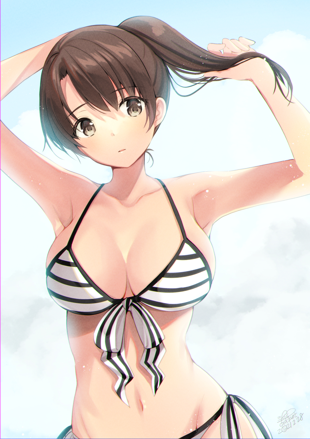 1girl arms_up azuma_yuki bangs bare_arms bikini breasts brown_eyes brown_hair cleavage collarbone commentary_request dated eyebrows_visible_through_hair hand_in_hair highres katou_megumi large_breasts looking_at_viewer navel parted_lips ponytail saenai_heroine_no_sodatekata short_hair signature simple_background solo standing striped striped_bikini swimsuit swimwear upper_body white_bikini