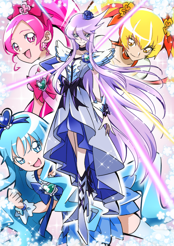 4girls arm_up bangs black_bow blonde_hair blue_bow blue_choker blue_eyes blue_hair blue_skirt bow choker clenched_hand clenched_hands collarbone commentary_request cure_blossom cure_marine cure_moonlight cure_sunshine dress earrings elbow_gloves flower flower_earrings gloves hair_flower hair_ornament hair_ribbon hanasaki_tsubomi heart heartcatch_precure! high_ponytail jewelry kurumi_erika long_hair looking_at_viewer looking_down magical_girl midriff multiple_girls myoudouin_itsuki navel open_mouth orange_bow outstretched_arms parted_bangs petals pink_bow pink_eyes pink_hair ponytail precure puffy_short_sleeves puffy_sleeves purple_eyes purple_hair ribbon rose short_sleeves sidelocks simple_background single_elbow_glove skirt smile thighhighs tsukikage_oyama tsukikage_yuri twintails very_long_hair waist_bow wavy_hair white_background white_dress white_legwear wrist_cuffs yellow_eyes