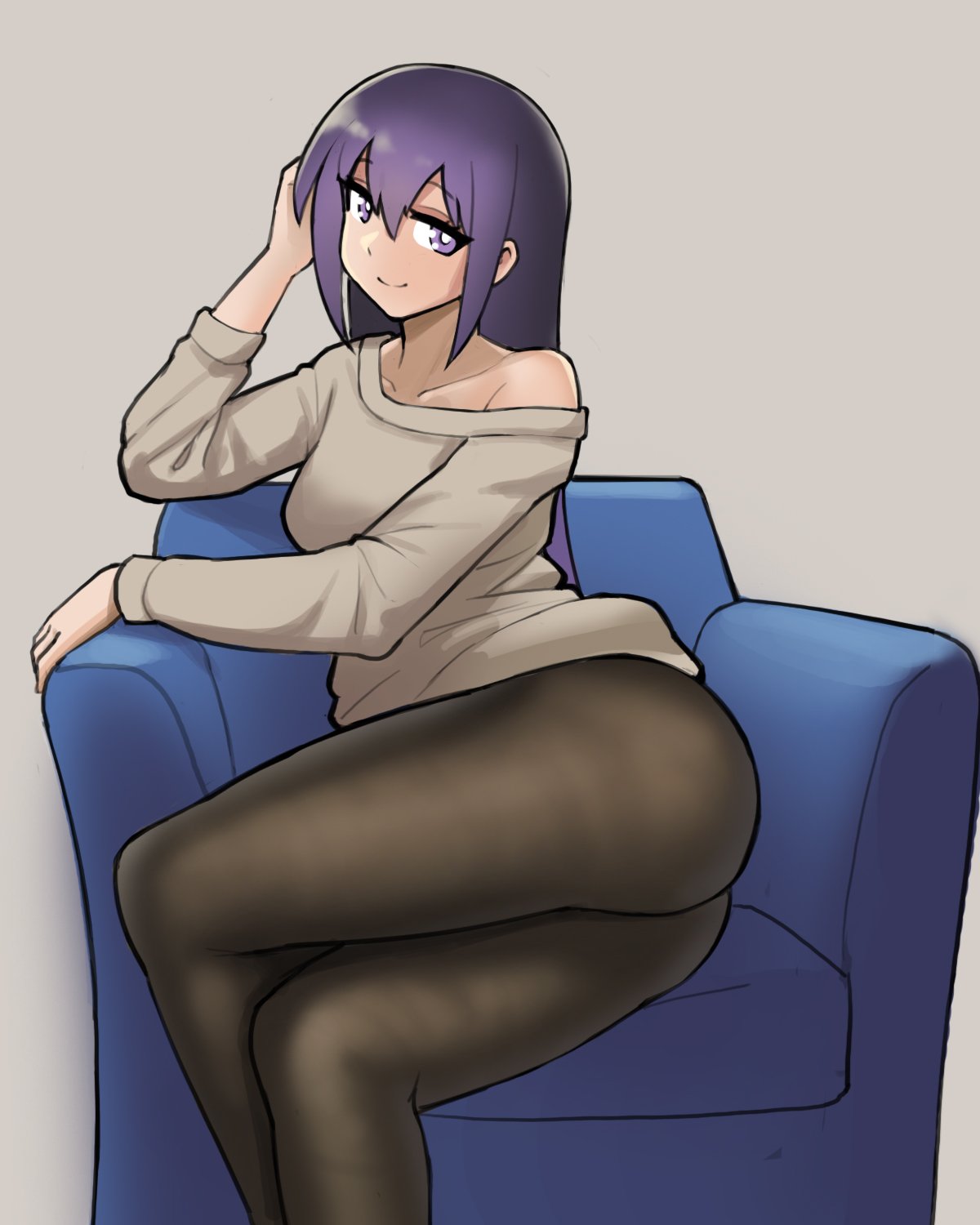 1girl breasts closed_mouth commentary donburi_(donburikazoku) gj-bu highres long_hair looking_at_viewer pantyhose purple_eyes purple_hair sitting smile solo sumeragi_shion