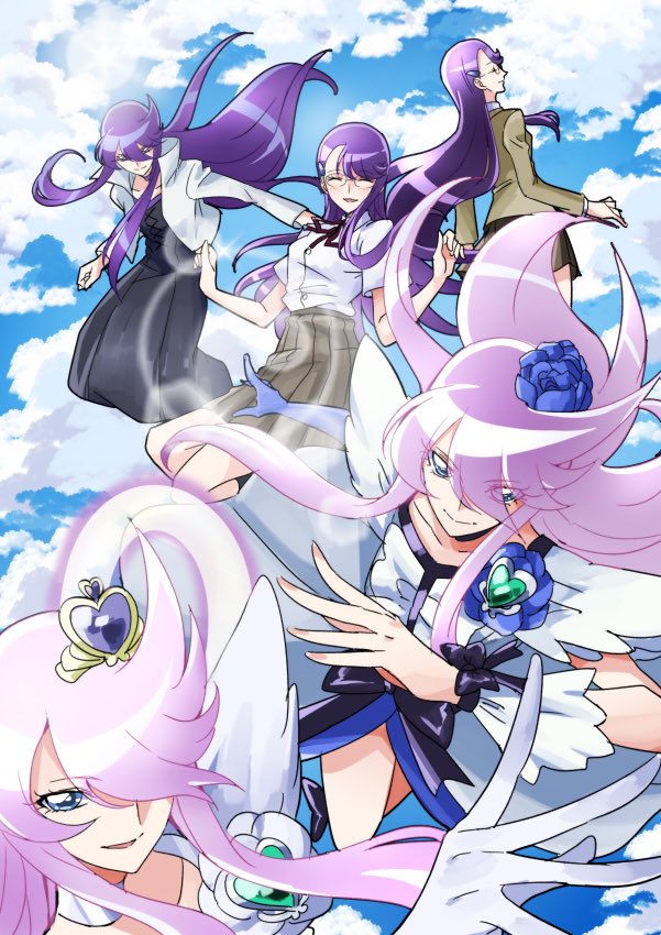 5girls bangs black_bow blazer blue_eyes blush bow choker closed_eyes cloud cloudy_sky collarbone collared_shirt commentary_request cure_moonlight dress earrings eyebrows_visible_through_hair eyelashes eyes_visible_through_hair floating_hair frown glasses hair_between_eyes hair_ornament hairclip happy heart heartcatch_precure! jacket jewelry light_blush long_hair looking_at_viewer magical_girl multiple_girls multiple_persona precure purple_hair red_ribbon ribbon rimless_eyewear school_uniform shiny shiny_hair shirt sketch sky sleeveless sleeveless_dress smile straight_hair swept_bangs tsukikage_oyama tsukikage_yuri very_long_hair white_dress white_shirt wing_collar