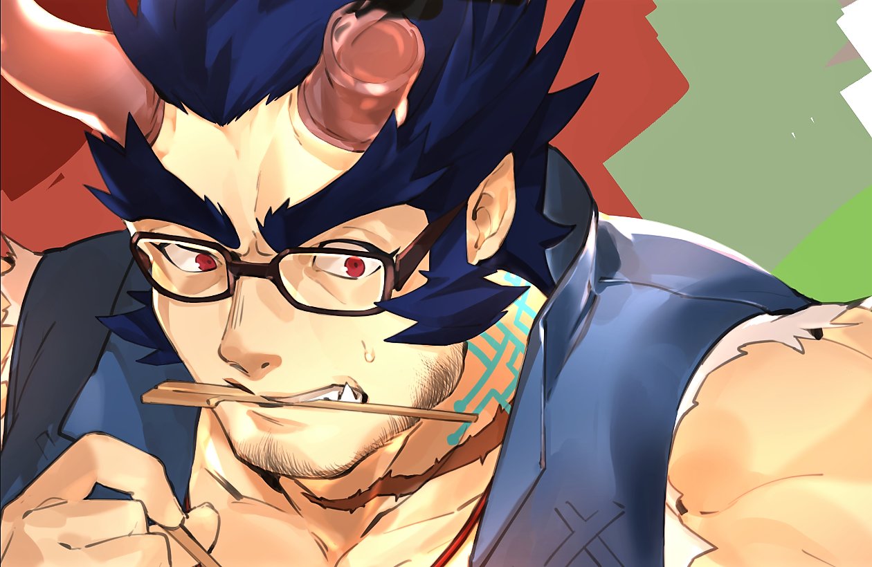 1boy bara bare_shoulders barefoot beard black-framed_eyewear broken_horn chopsticks close-up dark_blue_hair demon_boy demon_horns face facial_hair fiery_horns glasses horns jewelry kaiko_003f large_pectorals long_sideburns looking_to_the_side male_cleavage male_focus mature_male muscular muscular_male necklace red_eyes scar_on_neck shirt short_hair sideburns sleeveless stubble sweatdrop takemaru_(tokyo_houkago_summoners) thick_eyebrows tokyo_houkago_summoners torn_clothes torn_shirt upper_body white_shirt