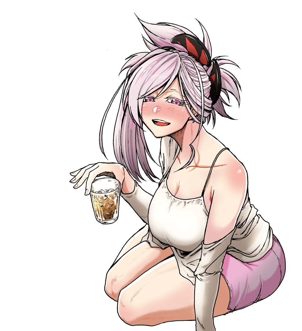 alcohol arm_up blush breasts cleavage cup drunk fate/grand_order fate_(series) glass holding holding_cup koyubi_(littlefinger1988) large_breasts layered_clothing looking_at_viewer miyamoto_musashi_(fate) off_shoulder pink_hair sitting skirt smile