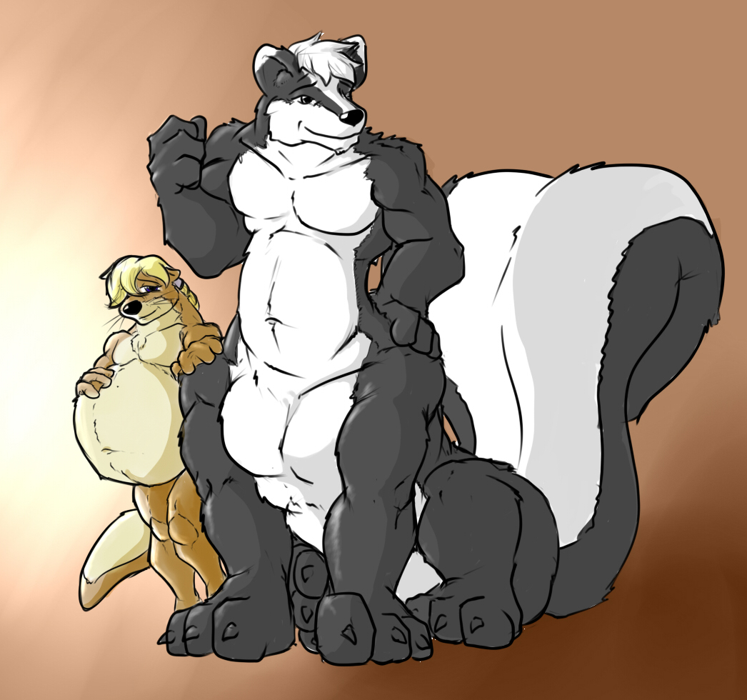 anthro duo lutrine male male/male male_pregnancy mammal mammal_taur membrane_(anatomy) mephitid mephitid_taur mustelid nude pandottermon pregnant sitting skunk skunk_taur standing taur thick_tail webbed_hands