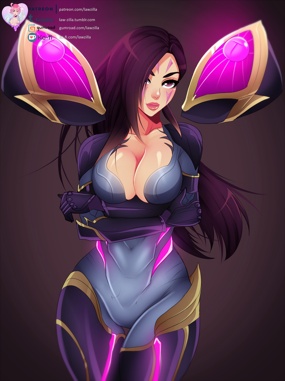 1girl black_hair bodysuit breasts cleavage facial_mark highres kai'sa large_breasts lawzilla league_of_legends long_hair plunging_neckline purple_eyes solo tagme