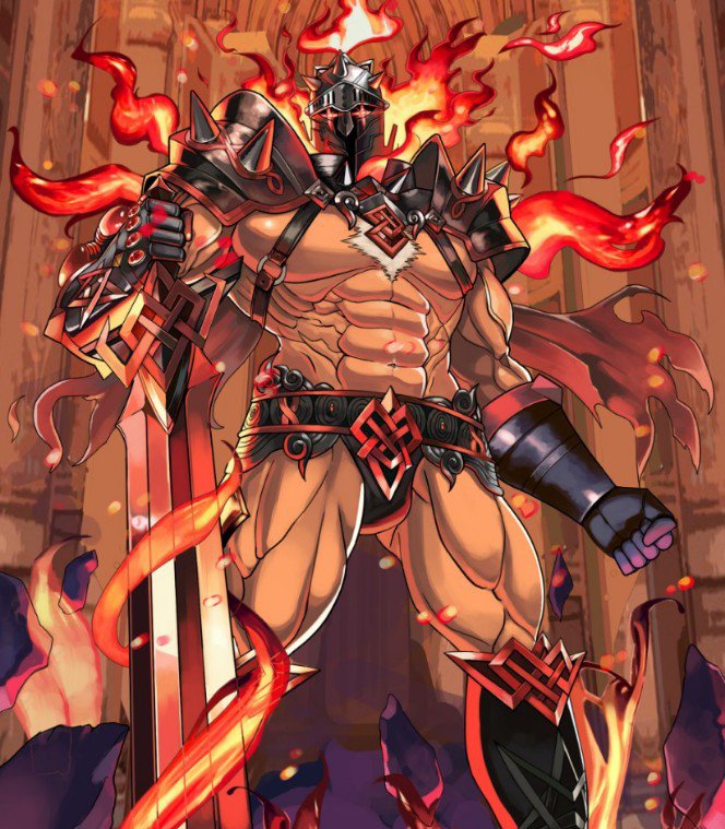 1boy abs bara black_male_underwear briefs bulge chest_hair chest_harness dark_skin dark_skinned_male embers feet_out_of_frame fire glowing glowing_eyes grausummon harness helmet large_pectorals male_cleavage male_focus male_underwear muscular muscular_male navel nipples planted_sword planted_weapon sidepec solo stomach surtr_(tokyo_houkago_summoners) sword thick_thighs thighs tokyo_houkago_summoners underwear weapon