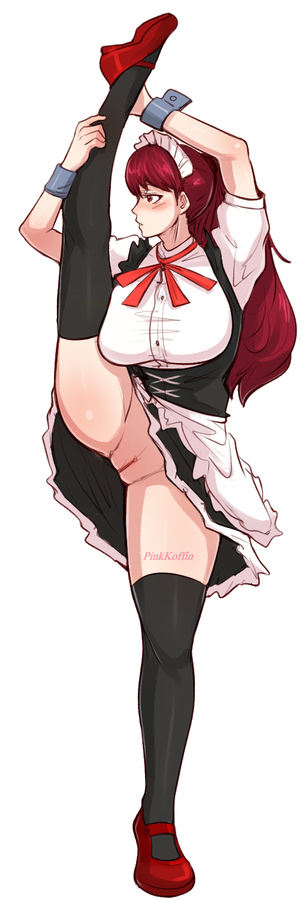 alternate_costume apron blush breast_press breasts cameltoe enmaided framed_breasts full_body kneehighs large_breasts leg_grab leg_up looking_away looking_to_the_side maid maid_apron maid_headdress miniskirt official_alternate_costume persona persona_5 persona_5_the_royal pinkkoffin ponytail pussy red_footwear red_hair shoes short_sleeves skirt split spread_legs standing standing_on_one_leg standing_split thighs upskirt yoshizawa_kasumi