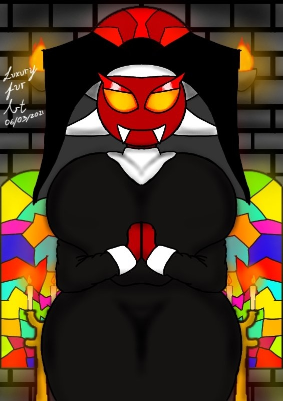 animal_humanoid anthro big_breasts breasts clothed clothing digital_media_(artwork) extreme_demon fan_character female geometry_dash huge_breasts humanoid looking_at_viewer luxury_furart mammal mammal_humanoid not_furry nun robtopgames smile solo thick_thighs video_games xtreme_(luxury_furart)
