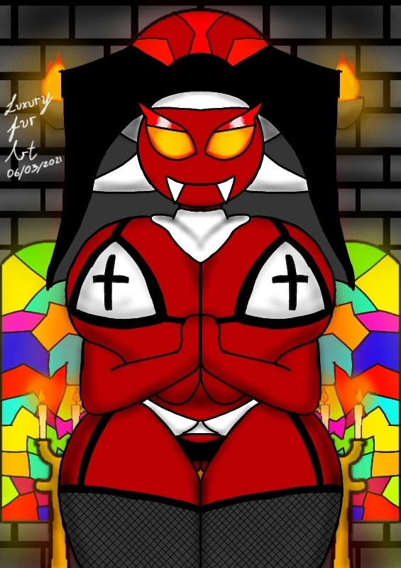 animal_humanoid anthro big_breasts breasts clothed clothing digital_media_(artwork) extreme_demon fan_character female geometry_dash huge_breasts humanoid looking_at_viewer luxury_furart mammal mammal_humanoid not_furry nun robtopgames smile solo thick_thighs video_games xtreme_(luxury_furart)