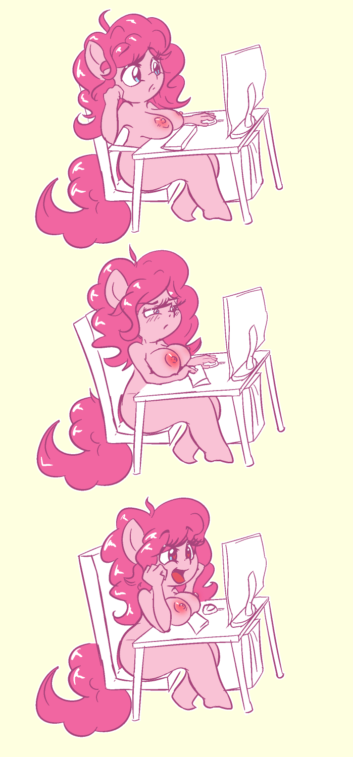 anthro big_breasts blue_eyes breasts computer curled_hair equid equine exited female friendship_is_magic hair hasbro hi_res horse mammal my_little_pony nipples pink_body pink_hair pinkie_pie_(mlp) pony smile snus-kun solo