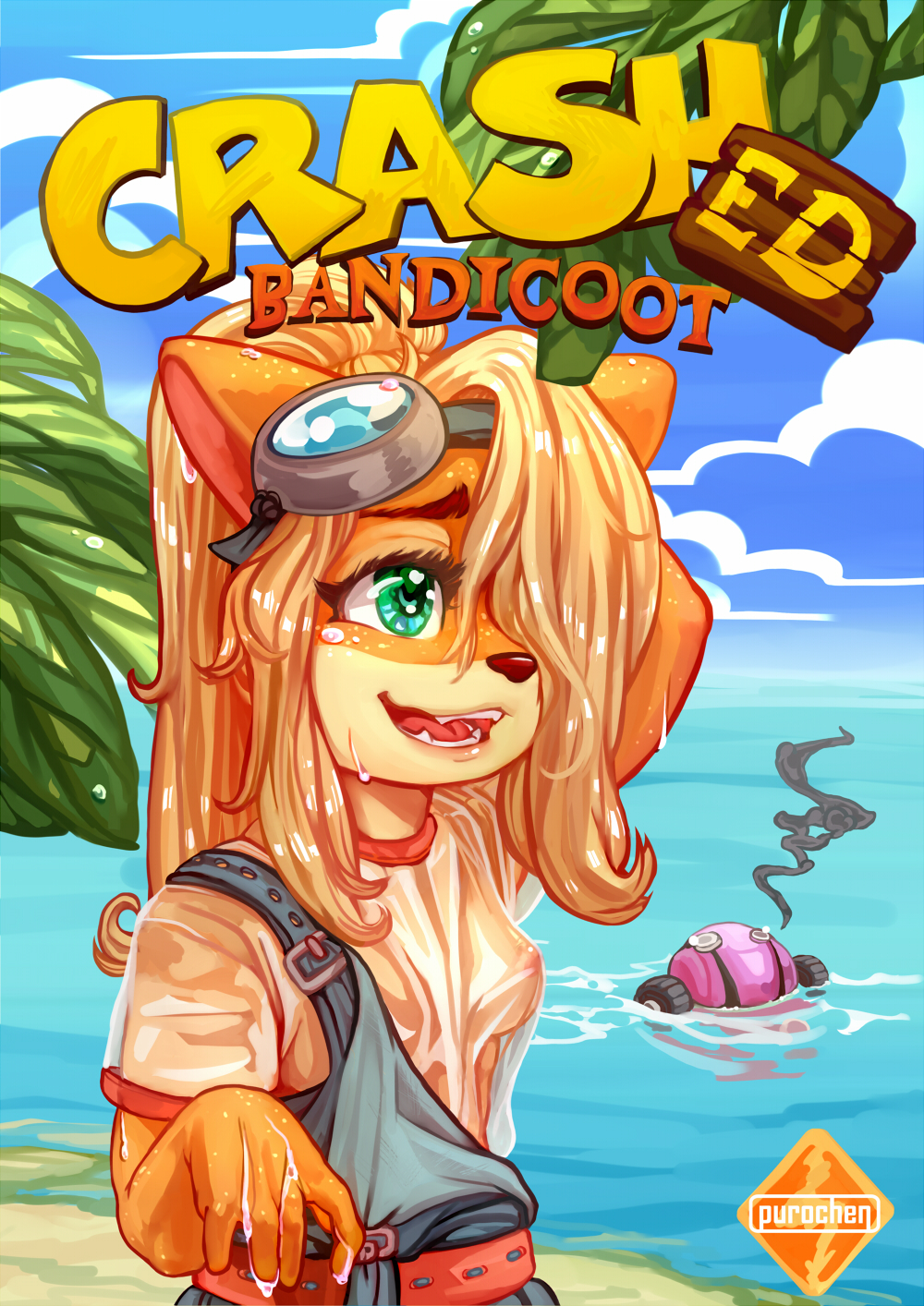 2020 activision anthro bandicoot belt blonde_hair breasts clothing coco_bandicoot crash_bandicoot_(series) day english_text eyewear female goggles goggles_on_head green_eyes hair hair_over_eye hi_res long_hair mammal marsupial nipples one_eye_obstructed open_mouth overalls purochen shirt signature smile solo teeth text tongue topwear translucent translucent_clothing video_games water wet wet_clothing wet_shirt wet_topwear