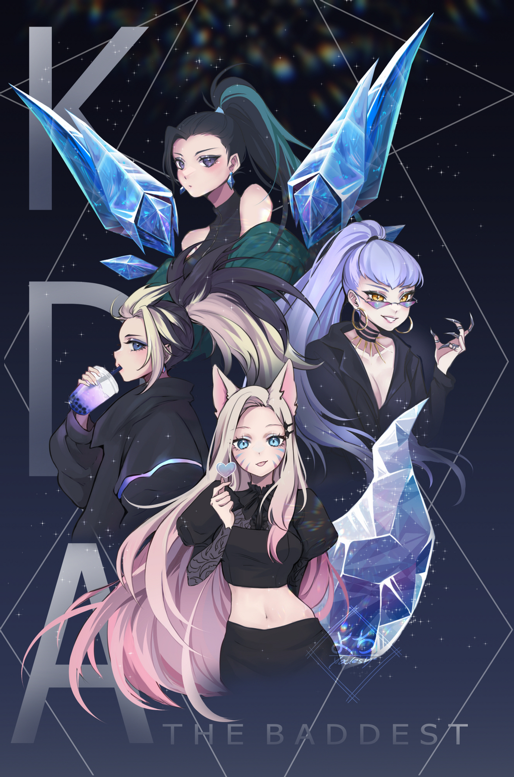 4girls ahri akali animal_ears black_choker black_hair blonde_hair blue_eyes blue_eyeshadow breasts bubble_tea choker cleavage copyright_name crystal_tail cup disposable_cup drinking drinking_straw drinking_straw_in_mouth earrings english_commentary evelynn_(league_of_legends) eyeshadow finger_heart fox_ears fox_tail gradient_hair green_hair grin halter_top halterneck heart high_ponytail highres holding holding_cup hoop_earrings jewelry k/da_(league_of_legends) kai'sa league_of_legends long_hair makeup midriff multicolored_hair multiple_girls navel pink_hair plunging_neckline purple_hair silver_eyes small_breasts smile streaked_hair sunglasses tail the_baddest_ahri the_baddest_akali the_baddest_evelynn the_baddest_kai'sa two-tone_hair upper_body very_long_hair whisker_markings wings yellow_eyes yoclesh
