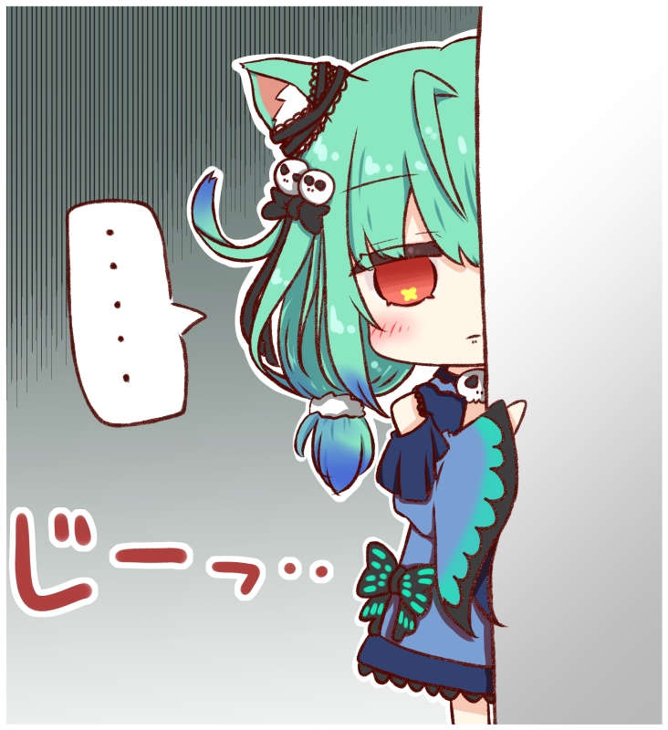 ... 1girl animal_ear_fluff animal_ears bangs bare_shoulders blue_dress blue_hair blue_sleeves cat_ears chibi closed_mouth commentary_request detached_sleeves dress empty_eyes eyebrows_visible_through_hair gradient_hair green_hair hair_between_eyes hololive juliet_sleeves kemonomimi_mode long_hair long_sleeves low_twintails multicolored_hair peeking_out puffy_sleeves red_eyes ridy_(ri_sui) sleeveless sleeveless_dress solo spoken_ellipsis standing staring translated twintails uruha_rushia virtual_youtuber wide_sleeves