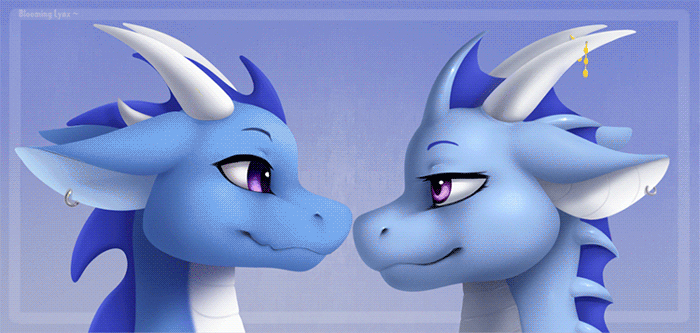 &lt;3 altrue animated anthro bloominglynx blue_body blue_scales blush dragon duo ear_piercing female frill_(anatomy) furgonomics furry-specific_piercing horn horn_piercing licking long_ears male male/female mother mother_and_child mother_and_son parent parent_and_child piercing purple_eyes scales scalie short_playtime smile son tahara_(altrue) tongue tongue_out western_dragon
