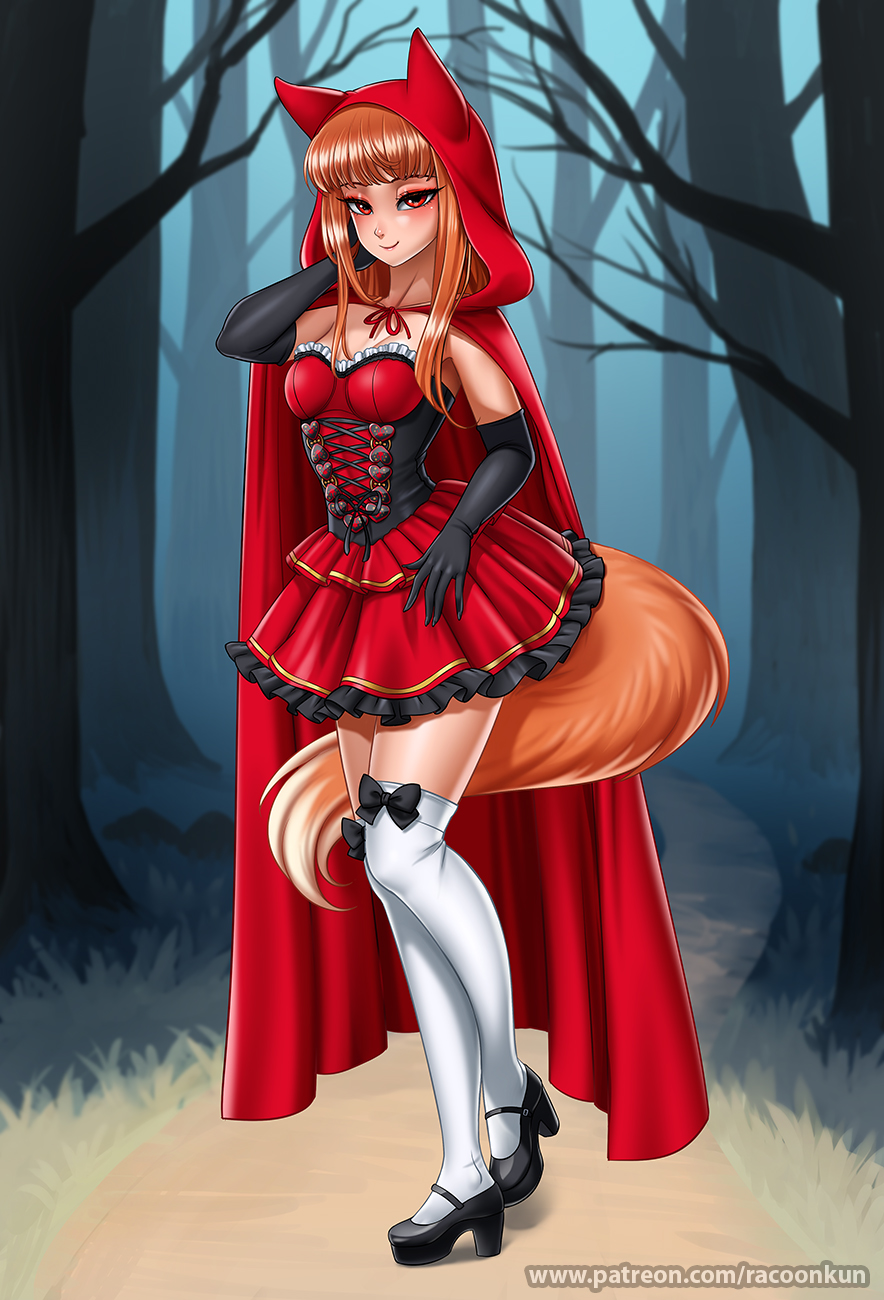 1girl alternate_costume animal_ears bangs black_footwear black_gloves blunt_bangs blush breasts brown_hair closed_mouth collarbone elbow_gloves eyebrows_visible_through_hair fox_ears fox_girl fox_tail gloves high_heels highres holo large_breasts long_hair looking_at_viewer over-kneehighs racoon-kun red_eyes smile solo spice_and_wolf tail thighhighs wet white_legwear