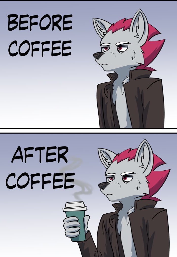 2021 anthro beverage canid canine clothed clothing coffee comic comparing cup english_text fox frown grumpy hair humor jacket male mammal narrowed_eyes open_clothing open_jacket open_topwear shreddy_(shreddyfox) shreddyfox solo steam text topwear
