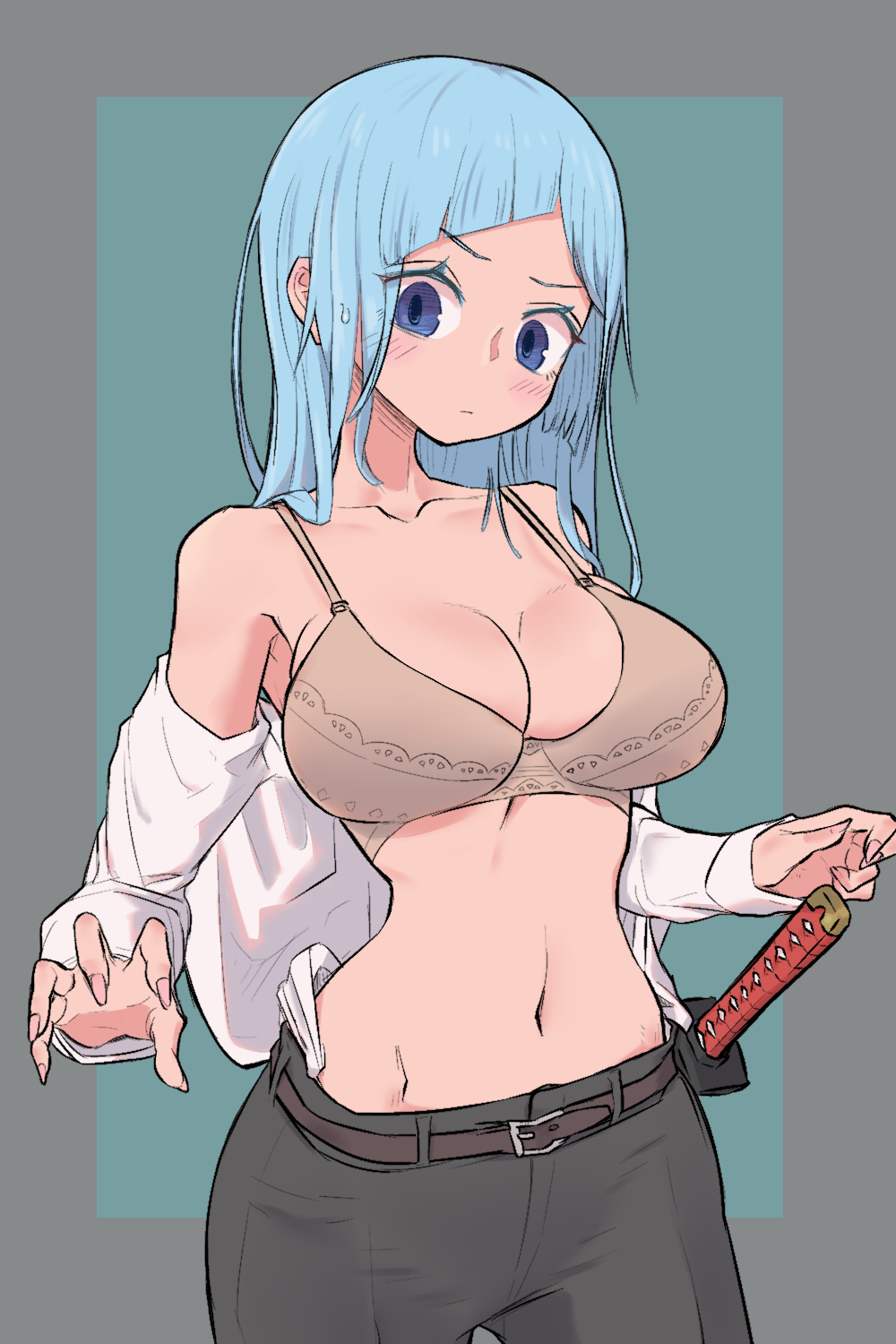 1girl amboynav2 asymmetrical_bangs bangs belt black_pants blue_eyes blush bra breasts brown_belt brown_bra cleavage closed_mouth collarbone commentary cowboy_shot dress_shirt grey_background highres jujutsu_kaisen katana large_breasts light_blue_background light_blue_hair long_hair long_sleeves looking_at_viewer miwa_kasumi navel off_shoulder open_clothes open_shirt pants shirt simple_background solo stomach straight_hair sweatdrop sword two-tone_background underwear weapon white_shirt