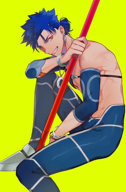 1boy blue_hair bracelet chest_strap closed_mouth crescent_necklace cu_chulainn_(fate)_(all) detached_sleeves earrings fate/stay_night fate_(series) from_side grin hair_bun holding holding_polearm holding_weapon jewelry knee_up kystktstura lancer long_hair looking_at_viewer male_focus muscular muscular_male necklace pants polearm red_eyes simple_background skin_tight smile solo spiked_hair weapon yellow_background