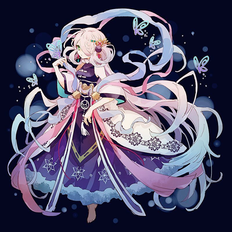 1girl absurdly_long_hair antenna_hair bare_shoulders barefoot blue_dress bug butterfly character_request coat dress flower full_body gradient_hair green_eyes hair_ornament hair_over_one_eye hair_rings hand_up hibi89 insect lace-trimmed_dress lace_trim long_hair merc_storia multicolored_hair off_shoulder pink_hair solo very_long_hair white_coat