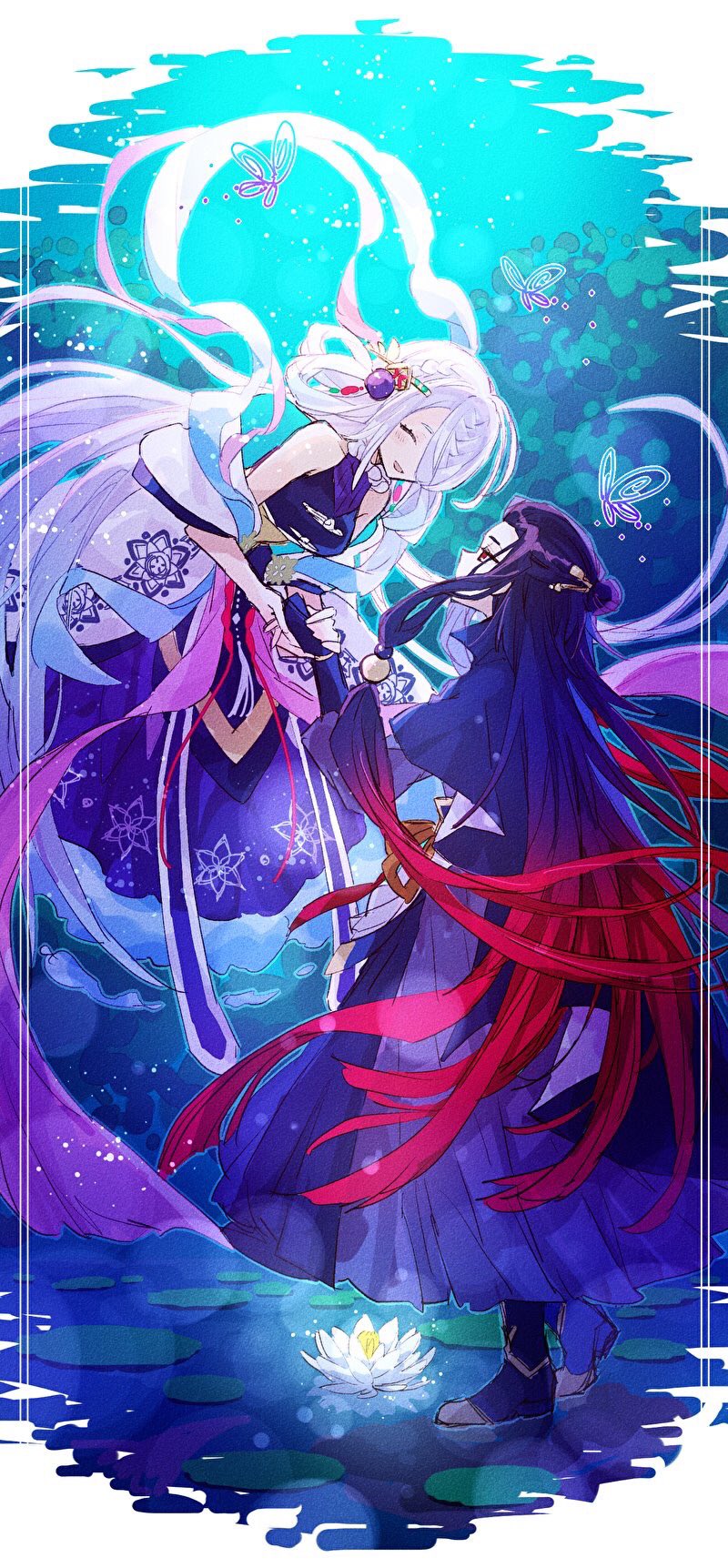 2girls bare_shoulders black_capelet black_footwear black_hair blue_skirt boots border bug butterfly capelet character_request closed_eyes coat elbow_gloves flower gloves gradient_hair hair_ornament hair_over_one_eye hair_rings hibi89 highres holding_hands insect lily_(flower) long_hair merc_storia multicolored_hair multiple_girls off_shoulder parted_lips sash skirt smile standing very_long_hair water white_coat white_hair