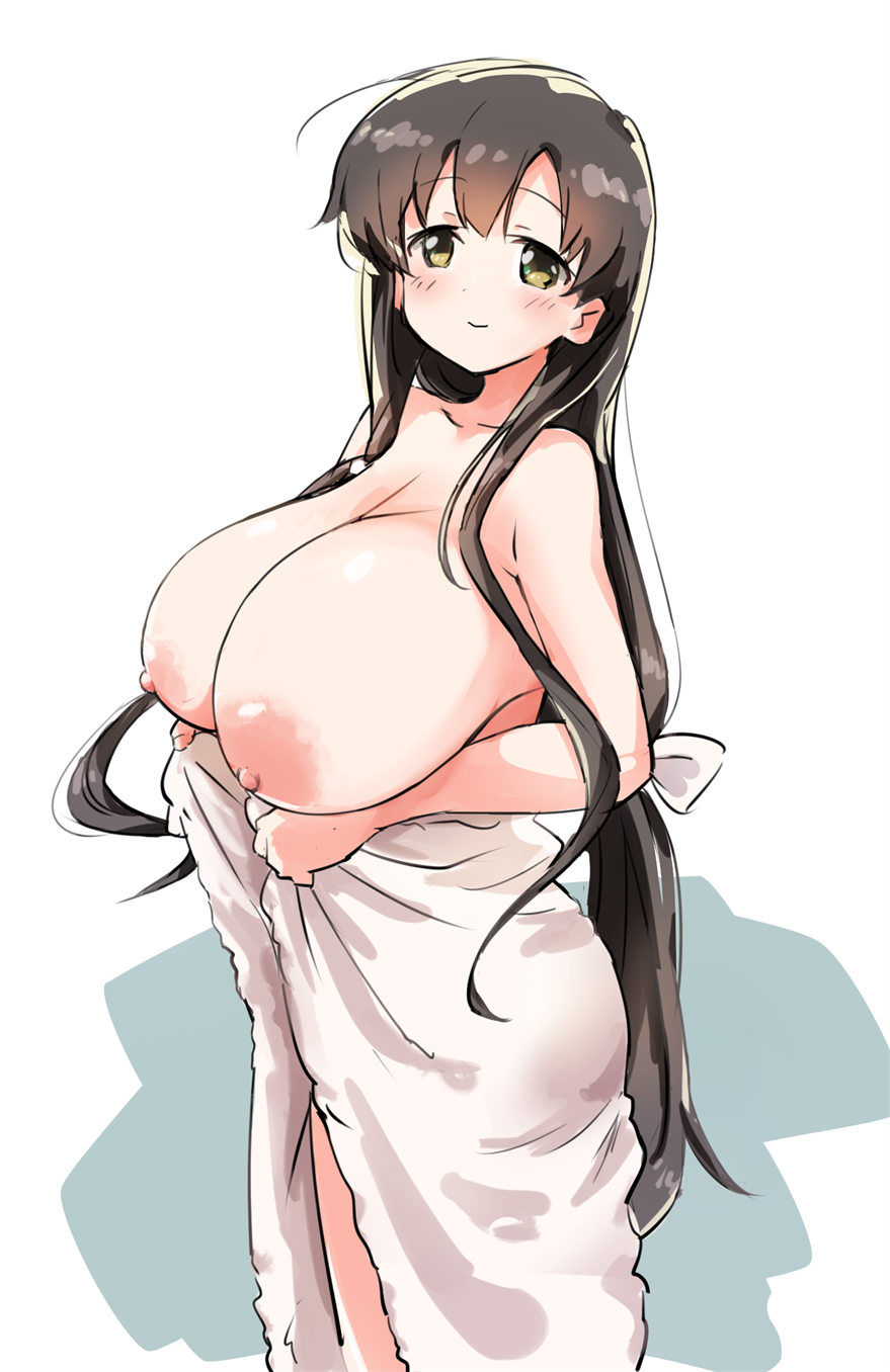 1girl bangs black_hair blush bow breasts brown_eyes closed_mouth gigantic_breasts highres holding holding_towel huge_breasts iwato_kasumi large_breasts long_hair looking_at_viewer low_ponytail momoiro_tunozemi saki simple_background smile solo towel very_long_hair white_background white_bow