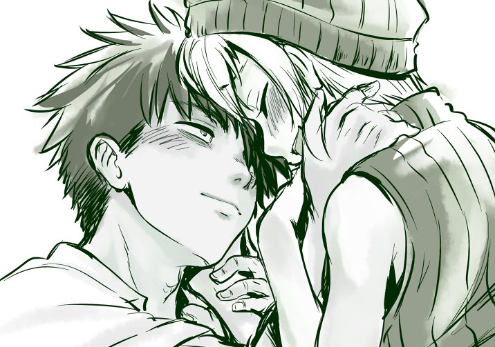 1boy 1girl adam's_apple bangs beanie black_hair blush closed_eyes closed_mouth couple eyebrows eyebrows_visible_through_hair hand_on_another's_head happy hat headwear kurokoshi_you looking_at_another monochrome_background open_mouth original shirt shoulders sidelocks sketch sleeveless sleeveless_shirt sleeveless_sweater smile smudge spiked_hair white_background white_hair