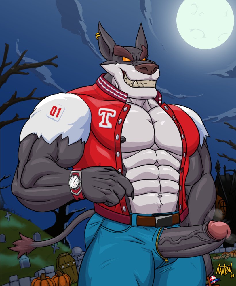 2020 abs activision alternate_form anthro belt better_version_at_source big_muscles bottomwear clock clothed clothing crash_bandicoot_(series) dasyuromorph ear_piercing ear_ring erection full_moon genitals halloween holidays humanoid_genitalia humanoid_penis jacket male mammal marsupial moon muscular muscular_anthro muscular_male nanbuskhan night nipples open_bottomwear open_clothing open_jacket open_pants open_topwear outside pants pecs penis piercing smile solo thylacine tiny_tiger topwear video_games watch were