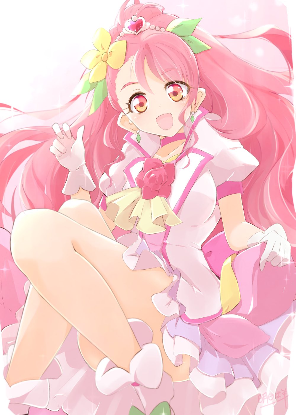 1girl :d ashita_wa_hitsuji choker commentary_request cure_grace dress earrings eyelashes flower gloves hair_flower hair_ornament hanadera_nodoka happy healin'_good_precure highres jacket jewelry long_hair looking_at_viewer magical_girl open_mouth pink_choker pink_dress pink_eyes pink_hair pink_jacket pink_skirt pleated_skirt ponytail precure puffy_short_sleeves puffy_sleeves short_sleeves skirt smile solo white_gloves