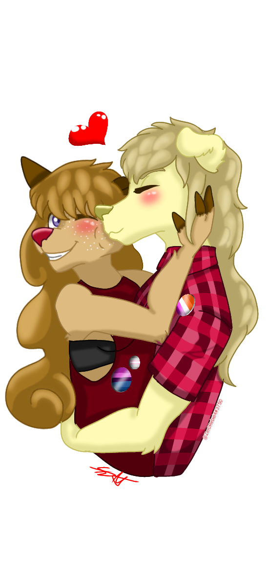 &lt;3 alpha_channel amber_hair anthro arm_around_waist bird_dog blonde_hair blush bra brown_body brown_ears brown_fur brown_markings bust_portrait canid canine canis capreoline caramel_hair cervid cervine clothing demigirl_pride_colors demigirl_pride_flag domestic_dog duo eyes_closed female female/female fingers floppy_ears freckles fur golden_retriever great_dane hair hand_on_cheek hi_res hooved_fingers hug hunting_dog hybrid kissing kissing_cheek lesbian_pride_colors lgbt_pride long_hair mammal markings mastiff molosser omnisexual_pride_colors one_eye_closed pattern_clothing plaid plaid_clothing portrait pride_colors purple_eyes red_clothing red_nose retriever romantic_ambiance romantic_couple shirt smile spots_(marking) tan_body tan_fur tan_hair tank_top topwear underwear white-tailed_deer white_freckles wink yellow_body yellow_fur zer0rebel4