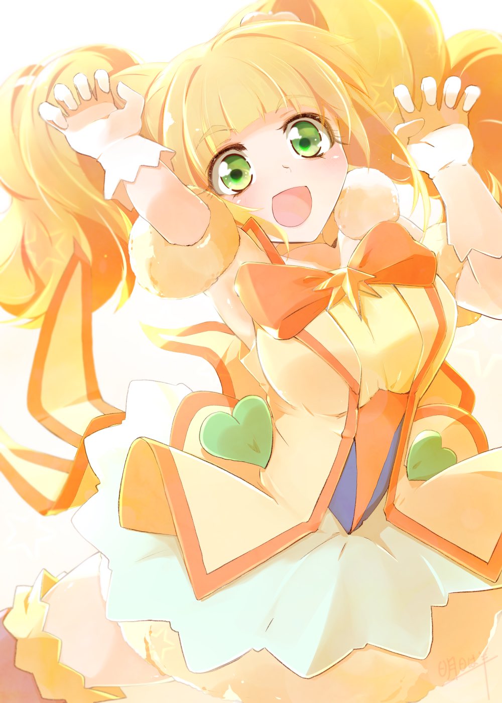 1girl :d ashita_wa_hitsuji blonde_hair choker commentary_request cure_sparkle dress earrings eyelashes gloves green_eyes hair_cones hair_ornament happy healin'_good_precure highres hiramitsu_hinata jewelry light_blush looking_at_viewer magical_girl open_mouth orange_dress orange_legwear orange_skirt orange_vest paw_pose pom_pom_(clothes) pom_pom_earrings precure short_twintails simple_background skirt smile solo thighhighs thighs twintails vest white_background white_gloves
