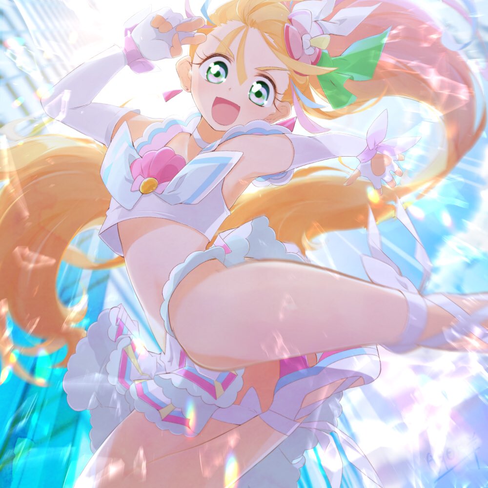 1girl :d ankle_bow ashita_wa_hitsuji bare_shoulders blonde_hair blue_hair bow choker clothing_cutout cloud cloudy_sky commentary_request crop_top cure_summer earrings elbow_gloves eyelashes fingerless_gloves flat_chest flower frilled_skirt frills gloves green_eyes hair_flower hair_ornament hair_strand happy heart_cutout jewelry jumping long_hair looking_at_viewer magical_girl midriff multicolored multicolored_hair natsuumi_manatsu open_mouth pink_hair precure ribbon shirt side_ponytail skirt sky sleeveless sleeveless_shirt smile solo streaked_hair triangle_earrings tropical-rouge!_precure very_long_hair white_choker white_footwear white_gloves white_shirt white_skirt wrist_bow