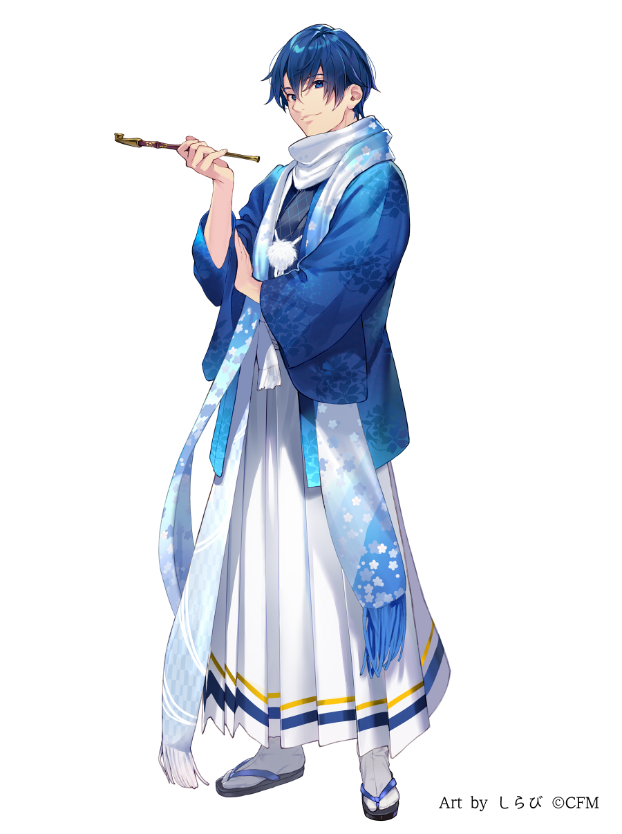 1boy artist_name blue_eyes blue_hair blue_scarf character_request closed_mouth full_body gradient_scarf hakama hakama_skirt haori highres holding holding_pipe japanese_clothes kiseru looking_at_viewer male_focus pipe sandals scarf shirabi simple_background smile solo tabi vocaloid watermark white_background white_hakama white_legwear white_scarf