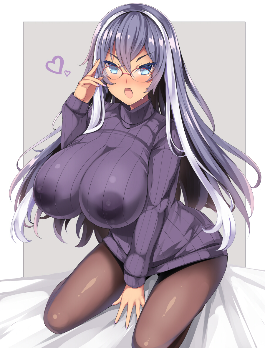 1girl akikaze_tsumuji breasts dark_skin glasses huge_breasts isabelle_(shadowverse) lactation lactation_through_clothes light_purple_eyes long_hair looking_at_viewer multicolored_hair pantyhose purple_hair ribbed_sweater shadowverse smile solo sweater two-tone_hair white_hair