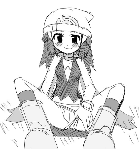 bare_arms bare_shoulders beanie blush boots breasts cleft_of_venus closed_mouth copo_deluxe greyscale hair_ornament hat hikari_(pokemon) long_hair looking_at_viewer monochrome on_grass outdoors panties panties_aside pokemon poketch pussy scarf simple_background sketch small_breasts smile solo spread_legs underwear watch white_background wristwatch