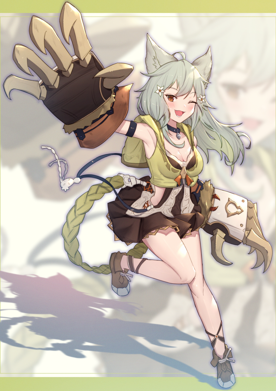 1girl ;d ahoge animal_ear_fluff animal_ears armpits bare_shoulders black_collar black_skirt blurry blurry_background blush breasts brown_eyes brown_footwear claw_(weapon) cleavage collar collarbone commentary_request depth_of_field erune full_body granblue_fantasy grey_hair highres long_hair looking_at_viewer medium_breasts one_eye_closed open_mouth pleated_skirt sen_(granblue_fantasy) shadow shoes skirt smile solo standing standing_on_one_leg uneg weapon zoom_layer