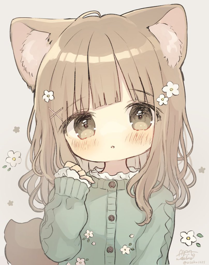 1girl :o ame_usako animal_ear_fluff animal_ears banned_artist blush brown_eyes brown_hair commentary_request flower green_jacket grey_background hair_flower hair_ornament hairclip hand_up jacket long_hair long_sleeves looking_at_viewer original parted_lips signature simple_background sleeves_past_wrists solo tail twitter_username upper_body white_flower x_hair_ornament