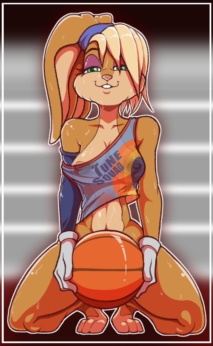 2021 anthro areola areola_slip athletic athletic_anthro athletic_female ball basketball_(ball) blonde_hair bodily_fluids bottomless brown_body buckteeth clothed clothing creamyowl crouching female green_eyes hair hi_res lagomorph leporid lola_bunny looney_tunes mammal nipples off_shoulder rabbit solo sweat teeth translucent translucent_clothing warner_brothers