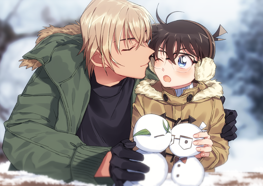 2boys :o age_difference amuro_tooru bangs black-framed_eyewear black_gloves black_shirt blonde_hair blurry blurry_background blush brown_coat brown_hair child closed_mouth coat commentary_request depth_of_field duffel_coat earmuffs edogawa_conan facing_another fingernails glasses gloves green_jacket hair_between_eyes height_difference imminent_kiss jacket k_(gear_labo) long_sleeves looking_at_another male_focus meitantei_conan multiple_boys open_clothes open_jacket open_mouth outdoors shirt short_hair smile snow snowman winter winter_clothes yaoi