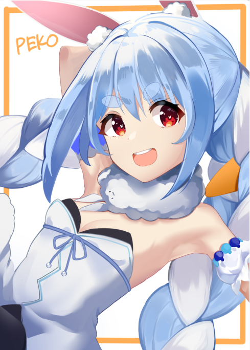 1girl :d animal_ear_fluff animal_ears arm_behind_head bangs bare_shoulders black_leotard blue_hair braid breasts bunny-shaped_pupils bunny_ears carrot_hair_ornament coat detached_sleeves don-chan_(usada_pekora) eyebrows_visible_through_hair food_themed_hair_ornament fur-trimmed_coat fur_scarf fur_trim hair_ornament hikimayu hololive leotard leotard_under_clothes long_hair looking_at_viewer multicolored_hair open_mouth puffy_short_sleeves puffy_sleeves red_eyes scarf short_eyebrows short_sleeves small_breasts smile solo strapless strapless_coat strapless_leotard swept_bangs thick_eyebrows twin_braids twintails two-tone_hair upper_teeth usada_pekora v-shaped_eyebrows virtual_youtuber white_coat white_hair white_scarf white_sleeves yukisuke_(user_gtmm7833)