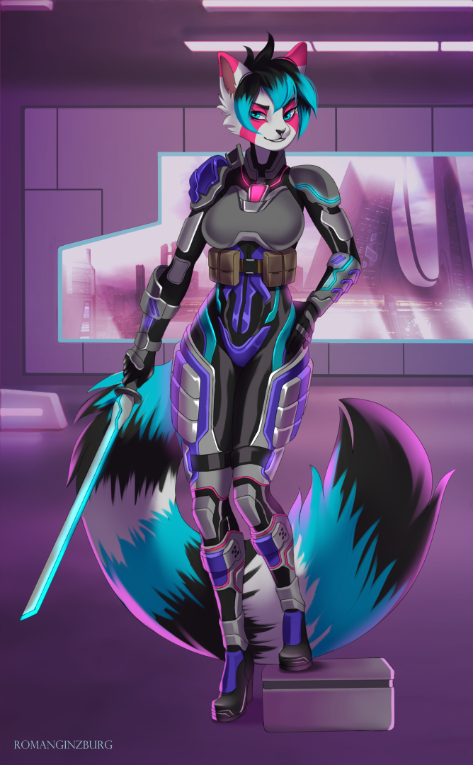 2021 ailurid anthro armor biped black_hair black_tail blue_eyes blue_hair blue_tail breasts clothed clothing detailed_background english_text female footwear hair high_heels holding_object holding_sword holding_weapon looking_at_viewer mammal markings melee_weapon multicolored_hair multicolored_tail pink_markings red_panda romanginzburg shoes signature solo standing striped_tail stripes sword text vivid_(character) weapon white_body white_tail