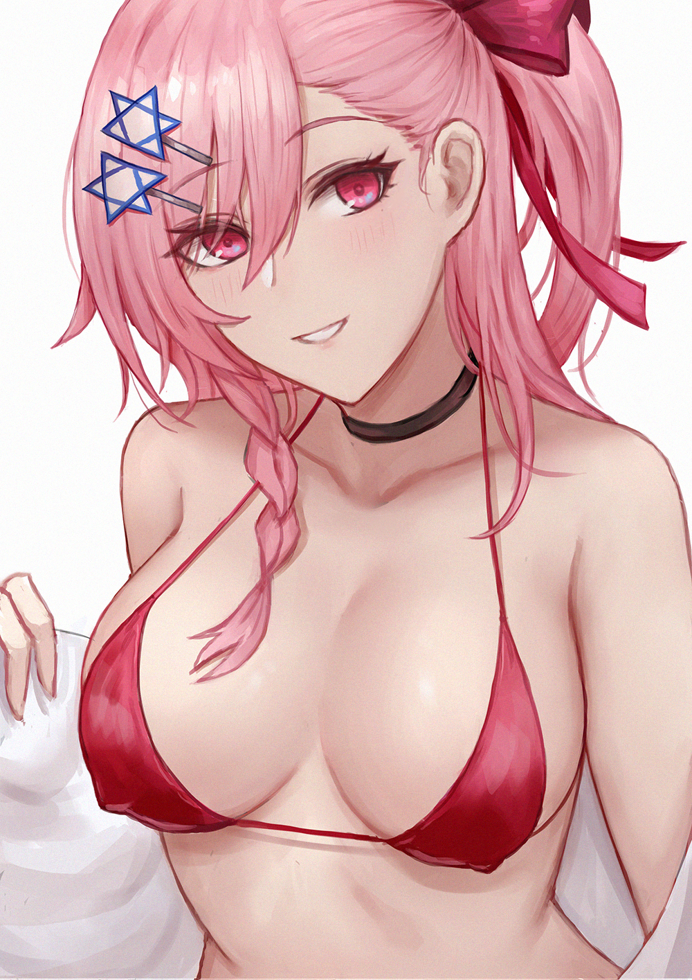 1girl bare_shoulders bikini bikini_top black_choker blush bow braid breasts choker collarbone commentary covered_nipples english_commentary eyebrows_visible_through_hair girls_frontline hair_bow hair_ornament hair_ribbon hexagram highres large_breasts looking_at_viewer negev_(girls_frontline) parted_lips pink_bow pink_eyes pink_hair pink_ribbon red_bikini red_eyes ribbon selcky simple_background smile solo star_of_david swimsuit upper_body