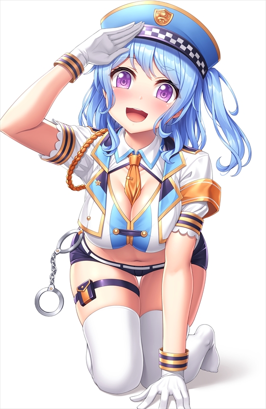 1girl :d adapted_costume aiguillette all_fours armband bang_dream! bangs between_breasts black_shorts blue_hair blush breasts cleavage cleavage_cutout clothing_cutout crop_top cropped_jacket cuffs full_body gloves handcuffs hat hello_happy_world! holster lambda_(kusowarota) looking_at_viewer matsubara_kanon medium_hair navel necktie necktie_between_breasts one_side_up open_mouth orange_neckwear police police_hat police_uniform purple_eyes salute short_sleeves shorts sidelocks simple_background skindentation smile solo stomach swept_bangs thigh_holster thigh_pouch thighhighs uniform white_background white_gloves white_legwear wing_collar