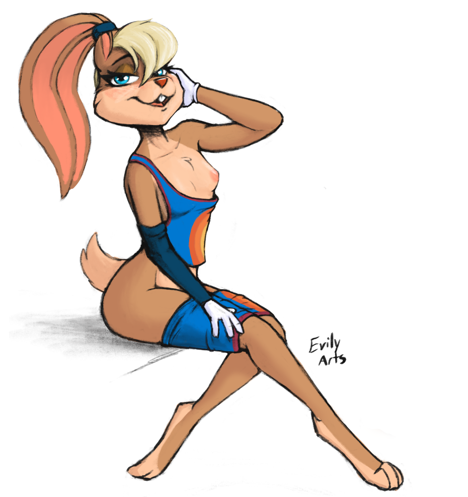 2021 anthro areola blonde_hair bottomwear breasts clothed clothing digital_media_(artwork) evilymasterful exposed_breasts eyebrows eyelashes feet female fingers hair lagomorph leporid lola_bunny looney_tunes mammal nipples partially_clothed rabbit shorts shorts_down small_breasts smile space_jam toes warner_brothers