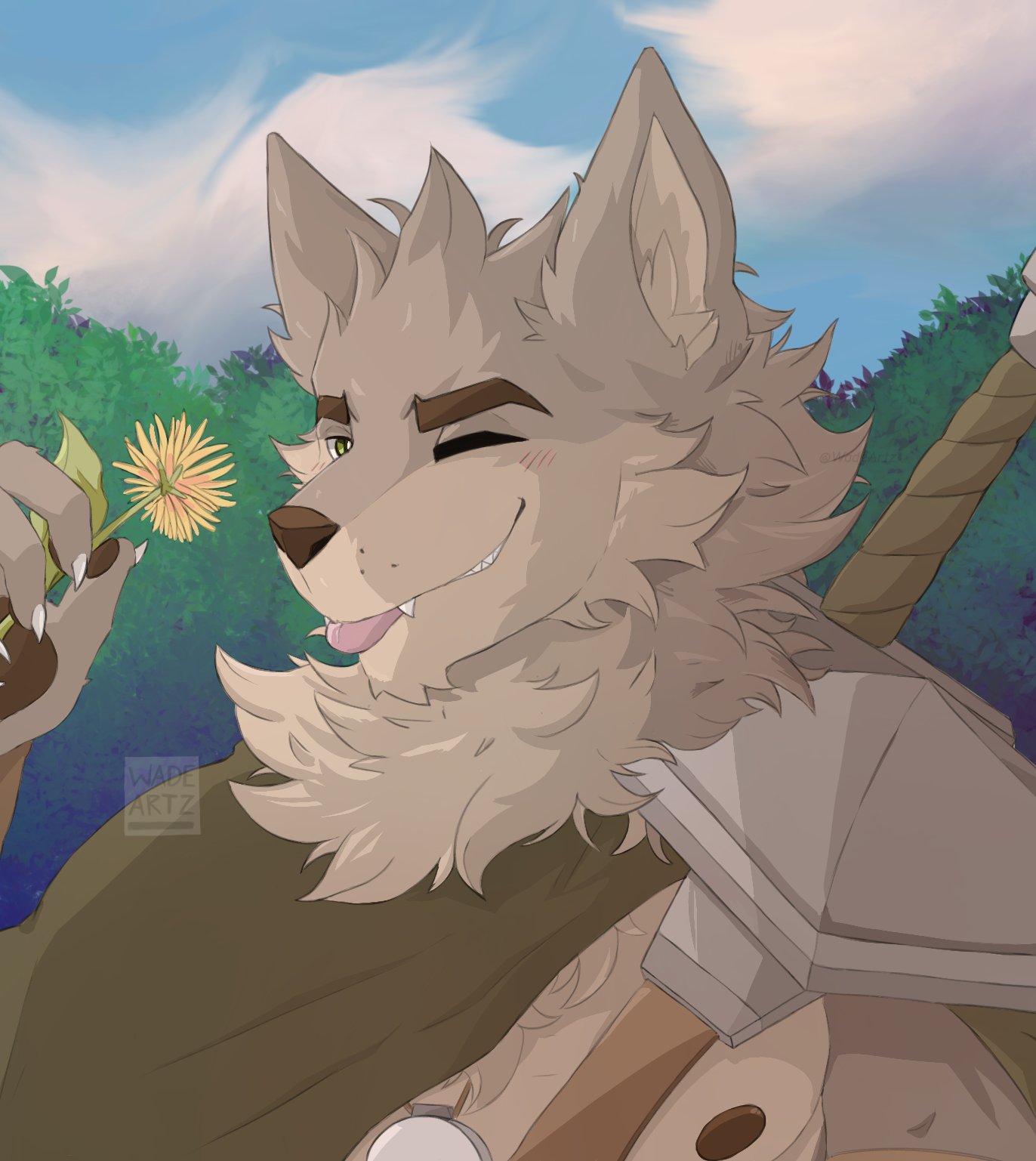 amulet anthro blep blush canid canine canis cape chest_tuft clothed clothing cloud dandelion detailed_background fangs far_beyond_the_world_(series) flower forest forest_background head_tuft hi_res male mammal melee_weapon nature nature_background neck_tuft nipples one_eye_closed partially_clothed pawpads plant ranok_(far_beyond_the_world) shoulder_guards solo sword tongue tongue_out tree tuft video_games visual_novel wadeartz weapon wolf