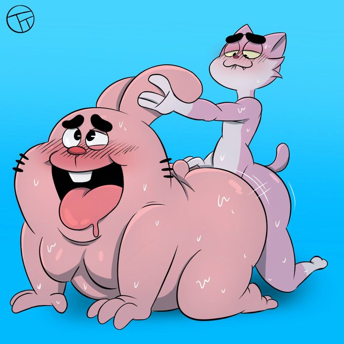 1:1 ahegao all_fours anal anthro big_butt blush bodily_fluids butt cartoon_network doggystyle domestic_cat duo felid feline felis from_behind_position lagomorph leporid looking_pleasured male male/male mammal overweight overweight_anthro overweight_male pink_body rabbit richard_watterson roz sex sweat the_amazing_world_of_gumball trashtoonz whiskers